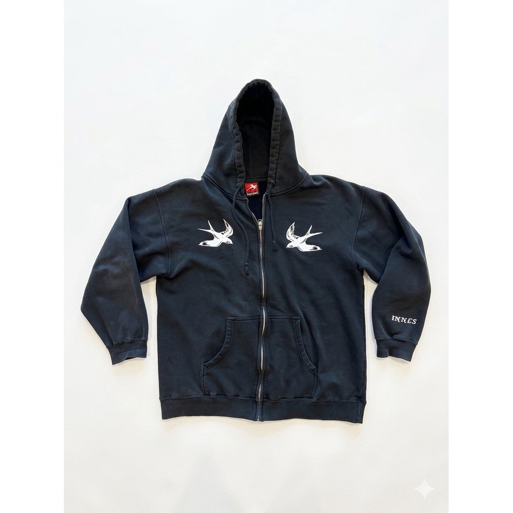 Innes Hoodie Men Black Sz L Vintage Skateboard Full Zip Bird Logo Y2K Distressed